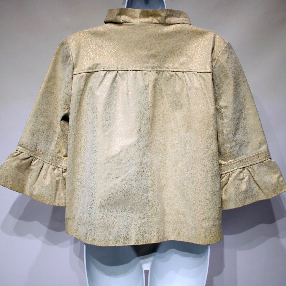 Michael Simon Ruffled Leather Jacket Beige Gold Sparkle Women Size M (B4) - Picture 4 of 16